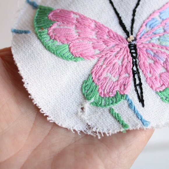 Vintage Patch, Butterfly Embroidered Applique Pink Blue Green on White - Picture 5 of 9